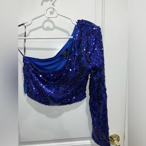 Blue sequin one shoulder top